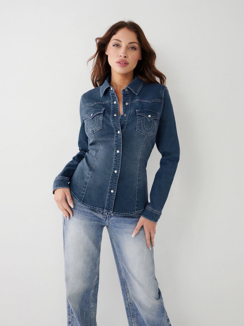 Dark Blue Wash True Religion Western Denim Shirts | 1574-TDAMR