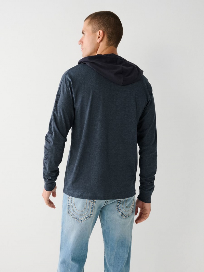 Dark Denim True Religion Hooded Henley Shirts | 5479-MYWHB