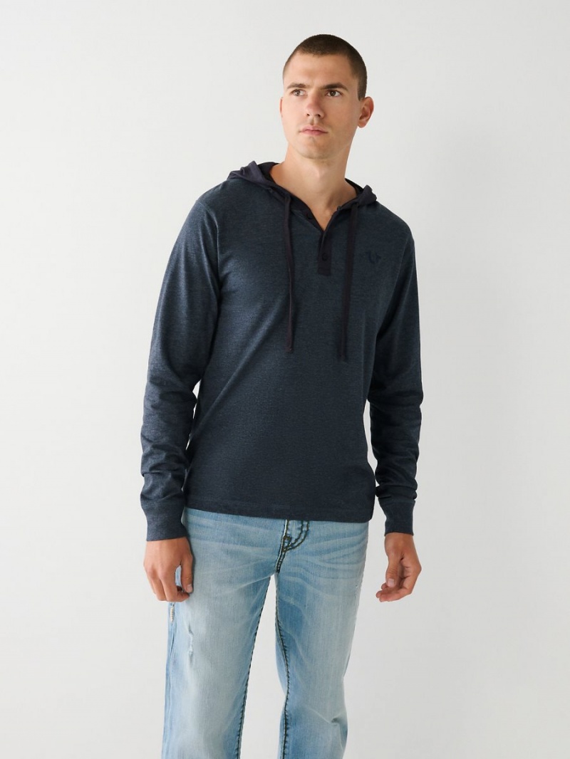 Dark Denim True Religion Hooded Henley Shirts | 5479-MYWHB