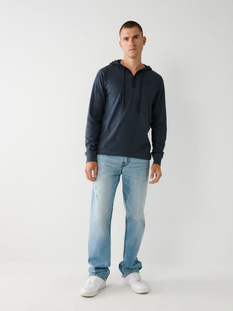 Dark Denim True Religion Hooded Henley Shirts | 5479-MYWHB