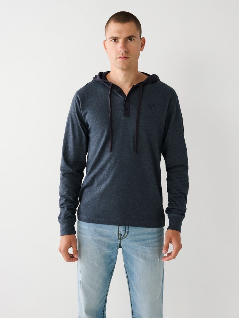 Dark Denim True Religion Hooded Henley Shirts | 5479-MYWHB