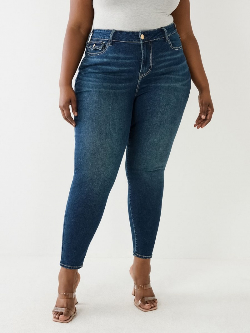 Dark Glacial True Religion Plus Jennie Mid Rise Flap Skinny Jeans | 3950-LDSKP