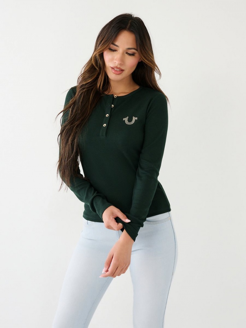 Dark Jade Green True Religion Crystal Horseshoe Logo Henley Shirts | 2961-SNCTD