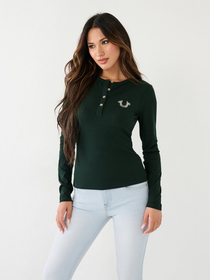 Dark Jade Green True Religion Crystal Horseshoe Logo Henley Shirts | 2961-SNCTD