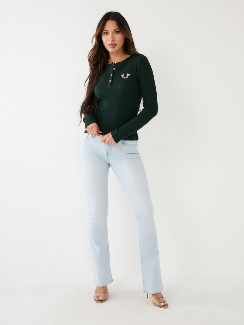 Dark Jade Green True Religion Crystal Horseshoe Logo Henley Shirts | 2961-SNCTD