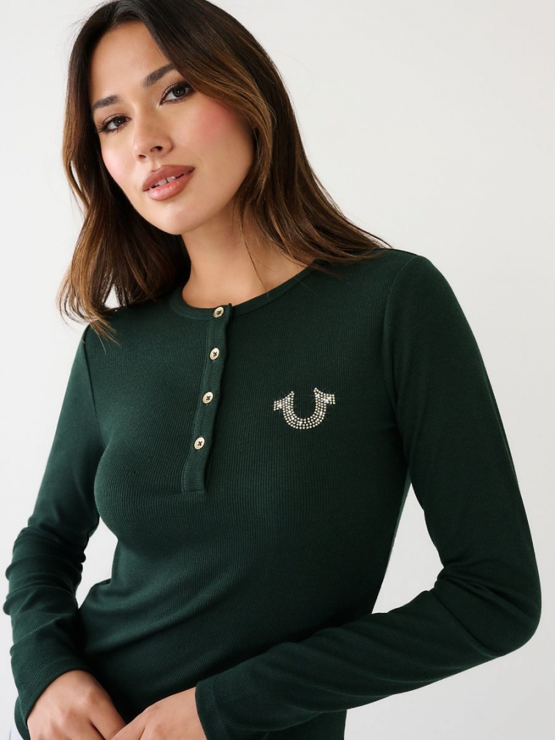 Dark Jade Green True Religion Crystal Horseshoe Logo Henley Shirts | 2961-SNCTD