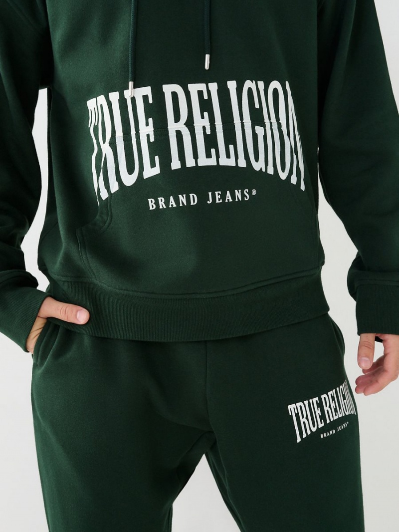 Dark Jade Green True Religion Logo Relaxed Hoodie | 6412-HQPCV