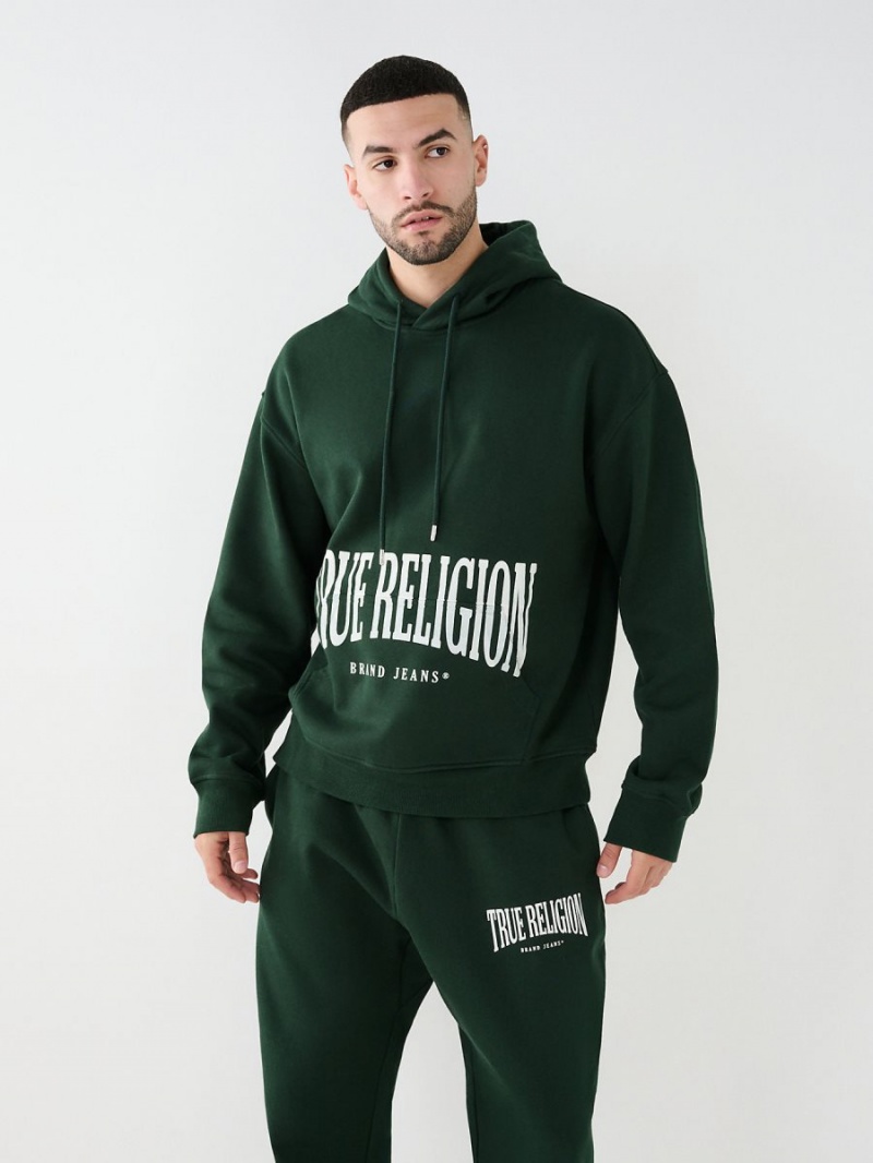 Dark Jade Green True Religion Logo Relaxed Hoodie | 6412-HQPCV