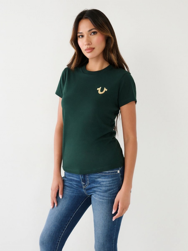 Dark Jade Green True Religion Studded Logo T Shirts | 5136-GZQEC