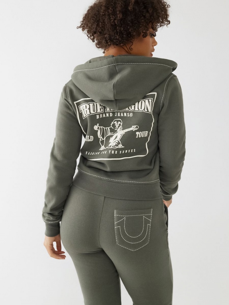 Dark Moss True Religion Big T Stitch Logo Zip Hoodie | 3685-TUJIR