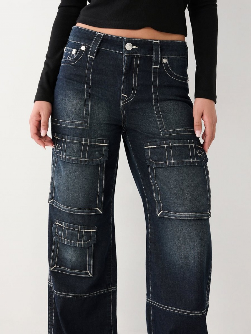 Dark Wash True Religion Bobbi Cargo Baggy Jeans | 7062-NKXCB