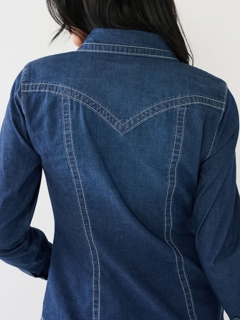 Dark Wash True Religion Chambray Western Shirts | 8526-CQLVN