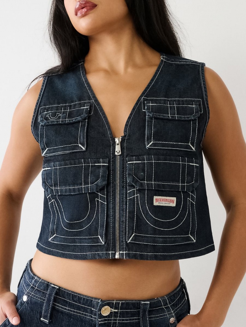 Dark Wash True Religion Crop Denim Utility Vest | 0135-NHLZF