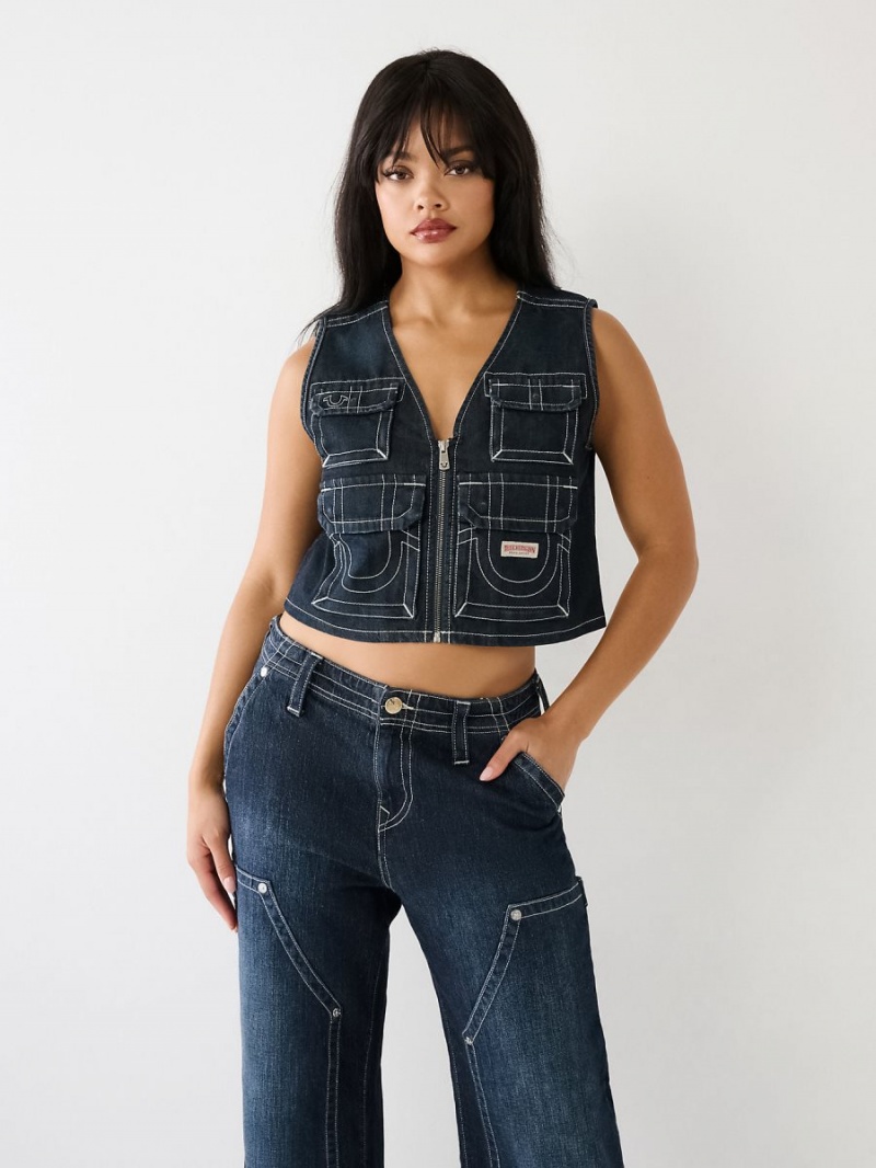 Dark Wash True Religion Crop Denim Utility Vest | 0135-NHLZF