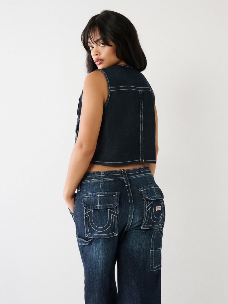 Dark Wash True Religion Crop Denim Utility Vest | 0135-NHLZF