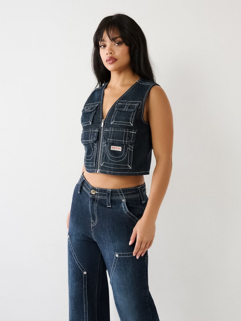 Dark Wash True Religion Crop Denim Utility Vest | 0135-NHLZF