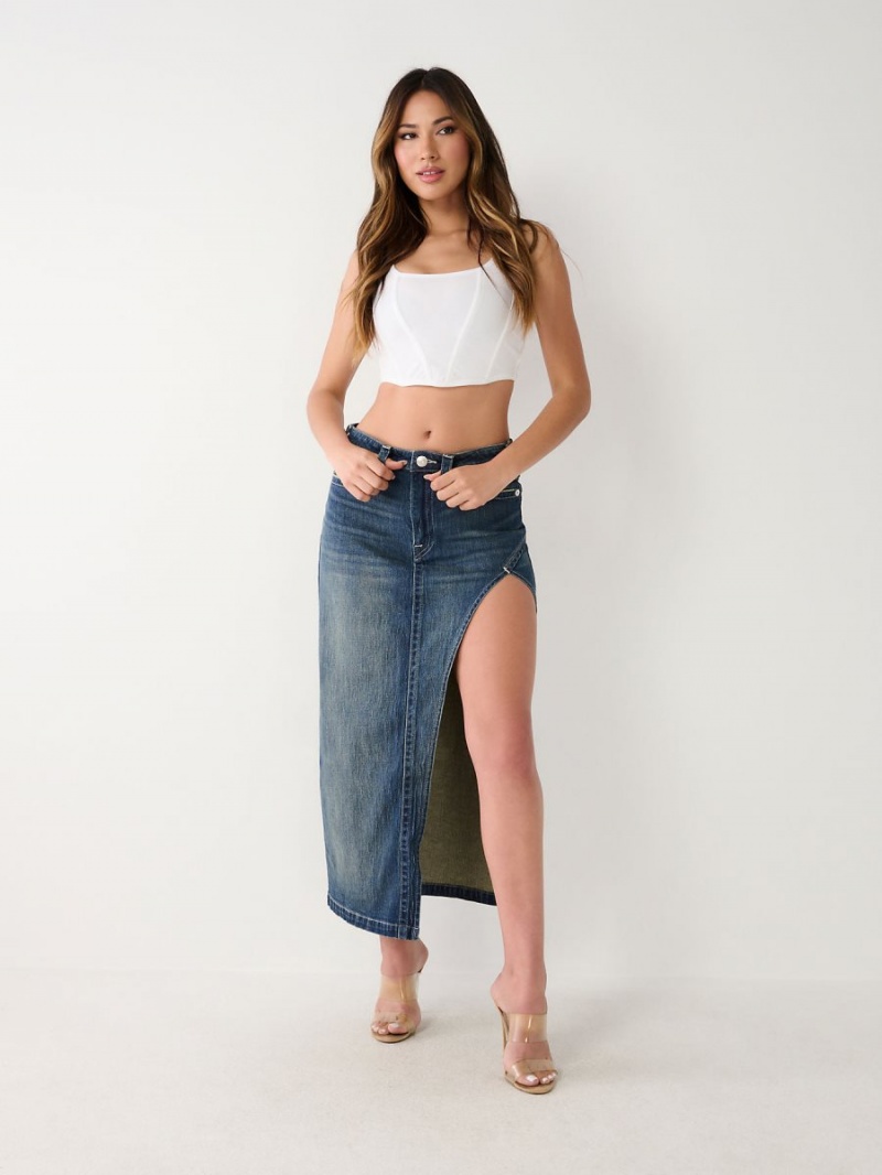 Dark Wash True Religion Cut Out Denim Maxi Skirts | 8037-PMSGE