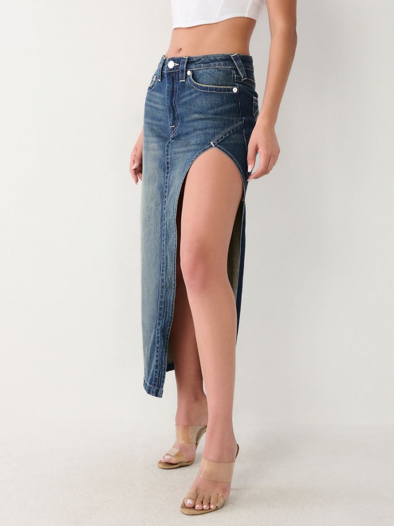 Dark Wash True Religion Cut Out Denim Maxi Skirts | 8037-PMSGE