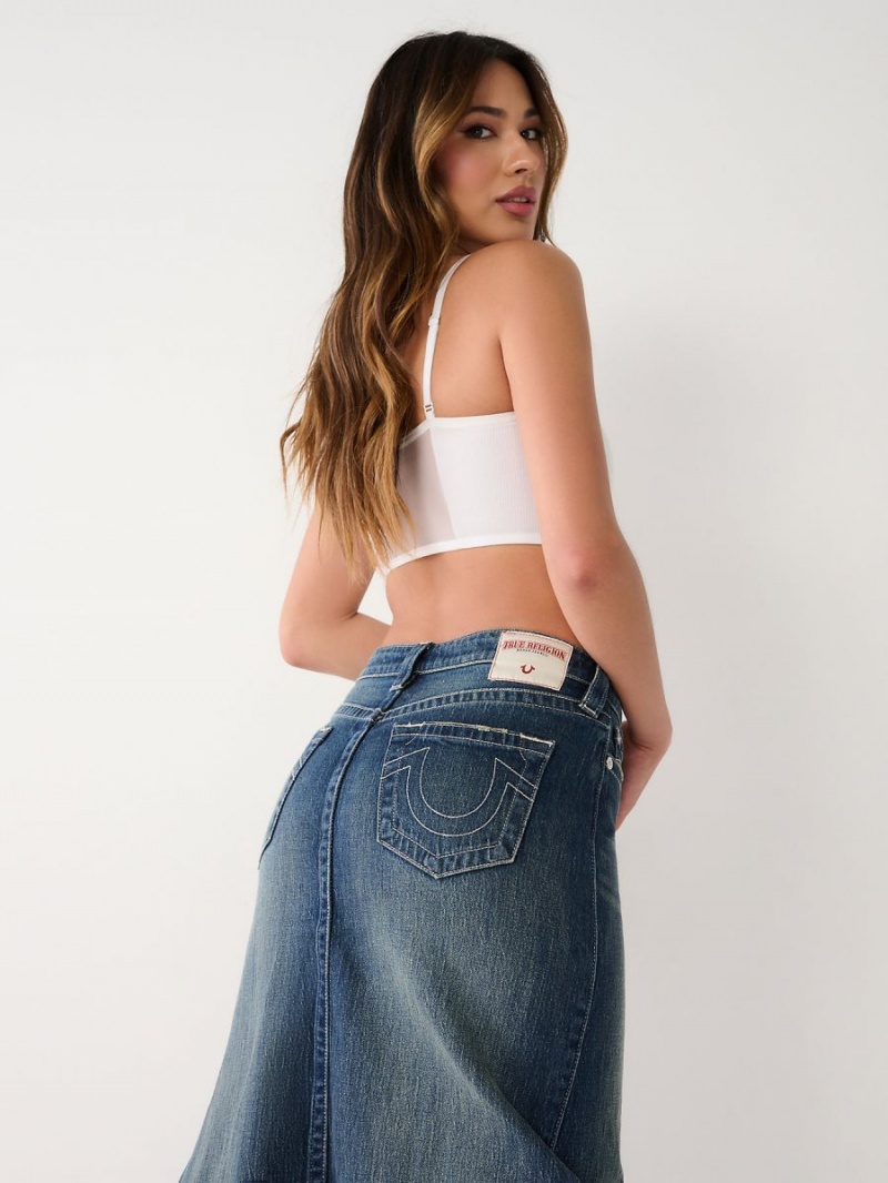 Dark Wash True Religion Cut Out Denim Maxi Skirts | 8037-PMSGE