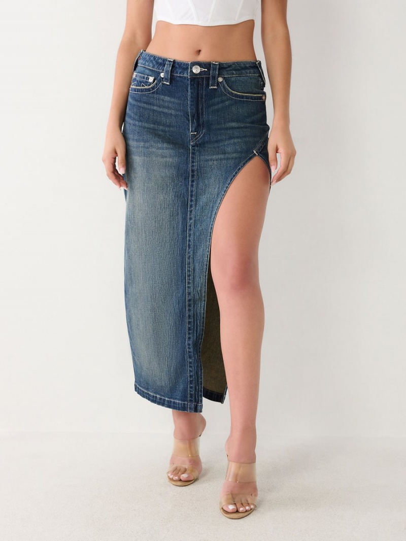 Dark Wash True Religion Cut Out Denim Maxi Skirts | 8037-PMSGE