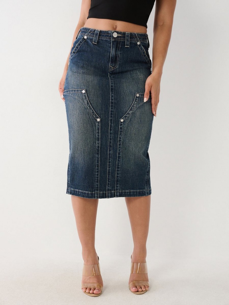 Dark Wash True Religion Utility Midi Denim Skirts | 0298-BVWFP