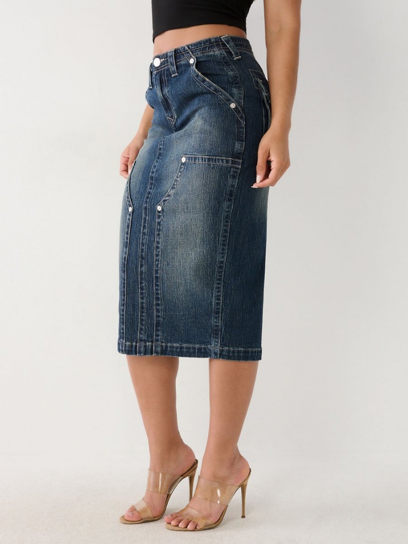 Dark Wash True Religion Utility Midi Denim Skirts | 0298-BVWFP