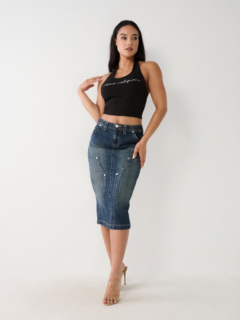 Dark Wash True Religion Utility Midi Denim Skirts | 0298-BVWFP