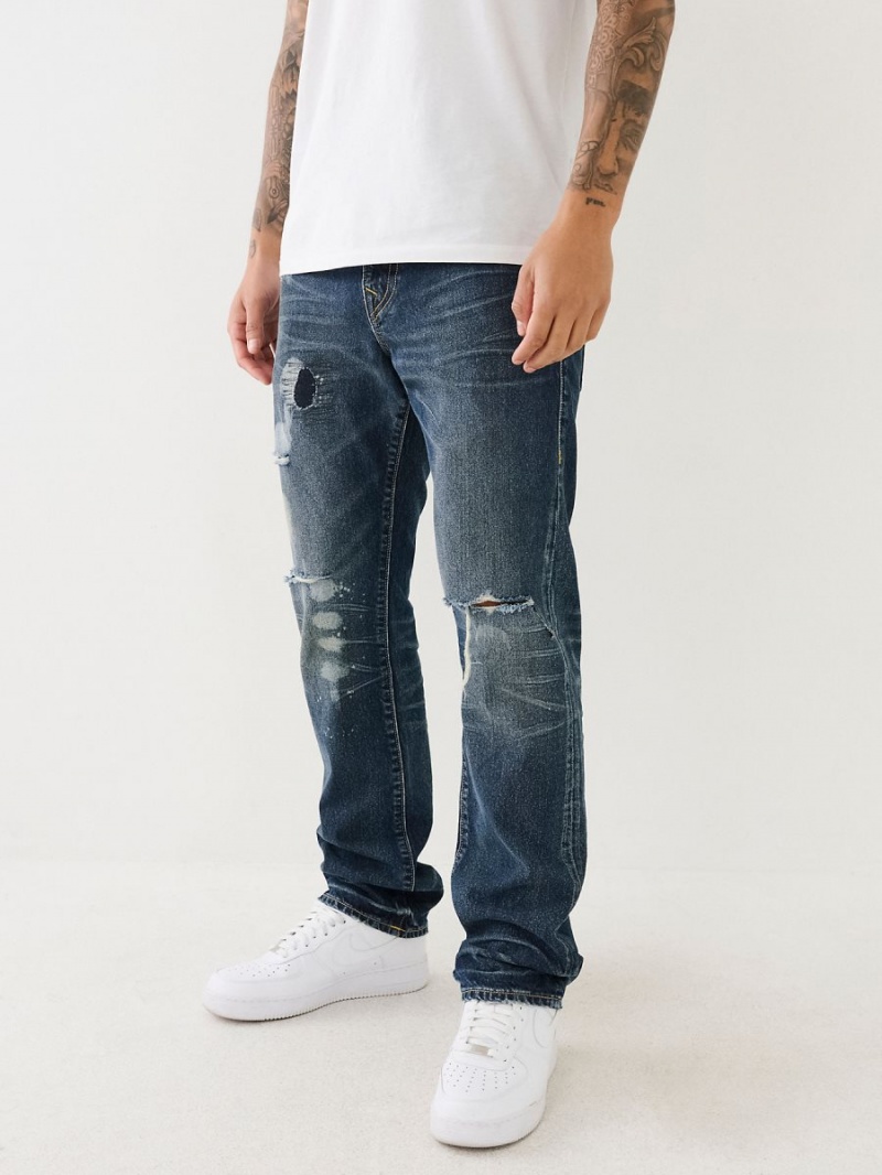 Dark Wash With Rips True Religion Ricky Distressed Flap Straight Jeans | 1983-BSLNG