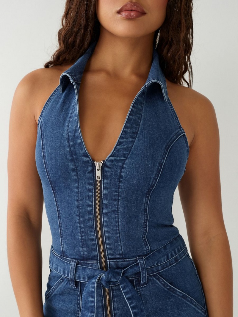 Electric Indigo Wash True Religion Zip Denim Jumpsuits | 0786-VYXAP