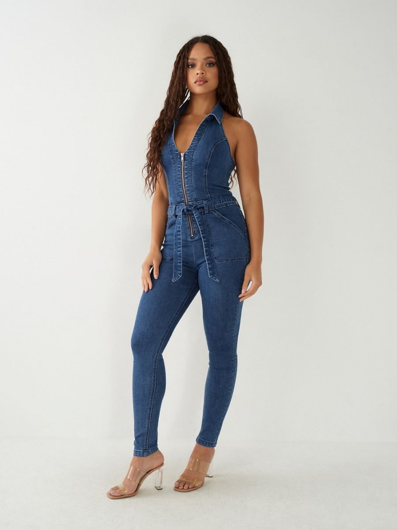 Electric Indigo Wash True Religion Zip Denim Jumpsuits | 0786-VYXAP