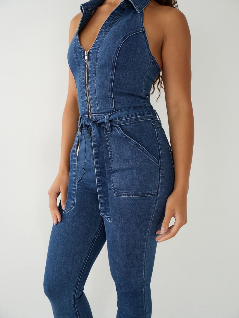 Electric Indigo Wash True Religion Zip Denim Jumpsuits | 0786-VYXAP