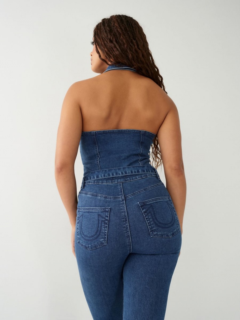 Electric Indigo Wash True Religion Zip Denim Jumpsuits | 0786-VYXAP