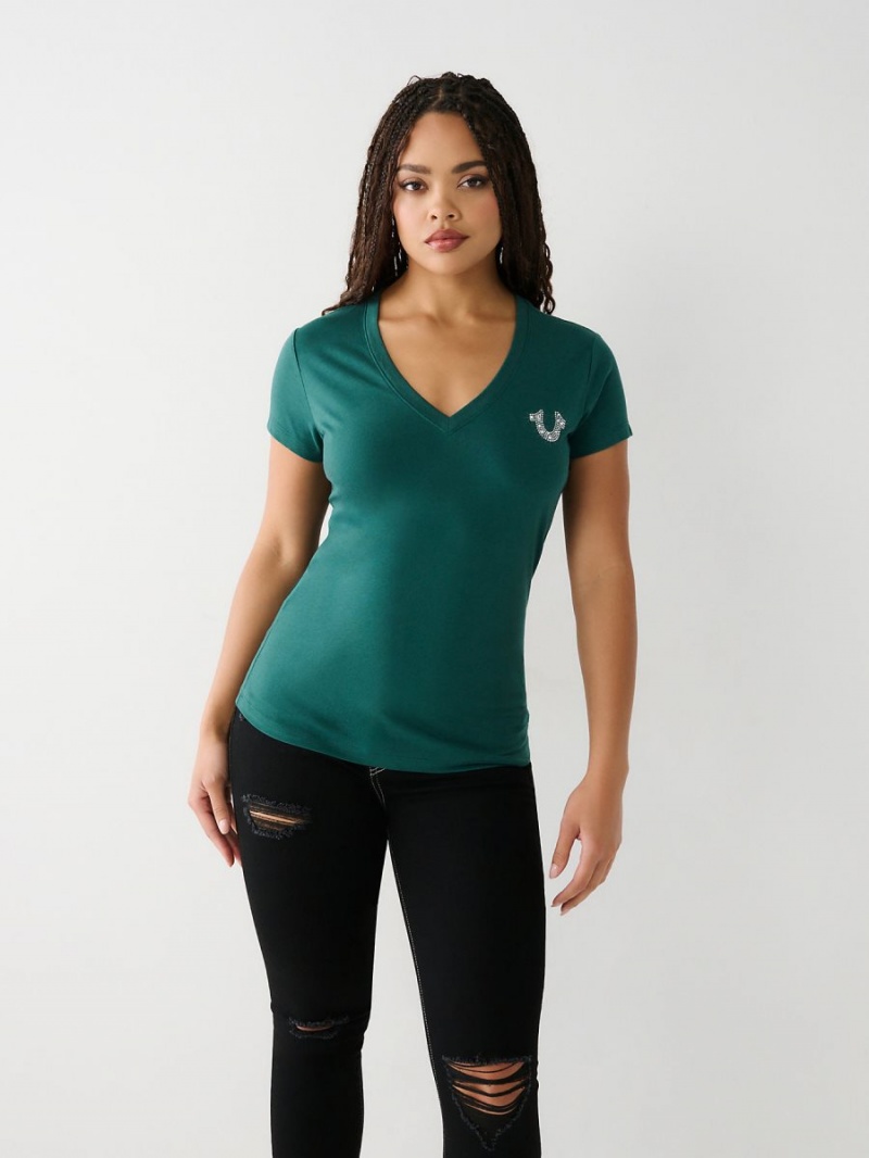 Emerald Green True Religion Crystal Horseshoe V T Shirts | 0674-SMAOW