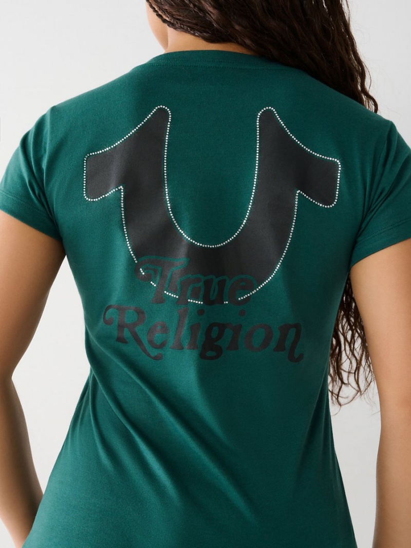 Emerald Green True Religion Crystal Horseshoe V T Shirts | 0674-SMAOW