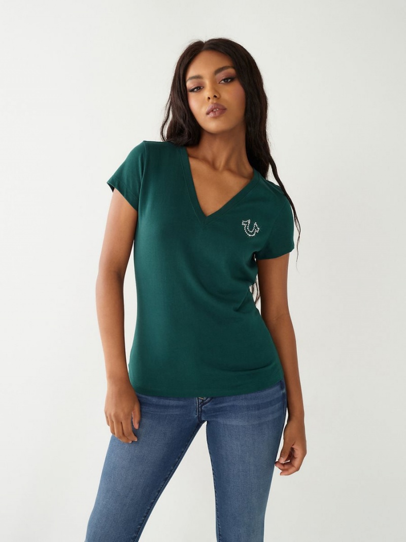 Emerald Green True Religion Crystal Logo V T Shirts | 4139-CQOVT