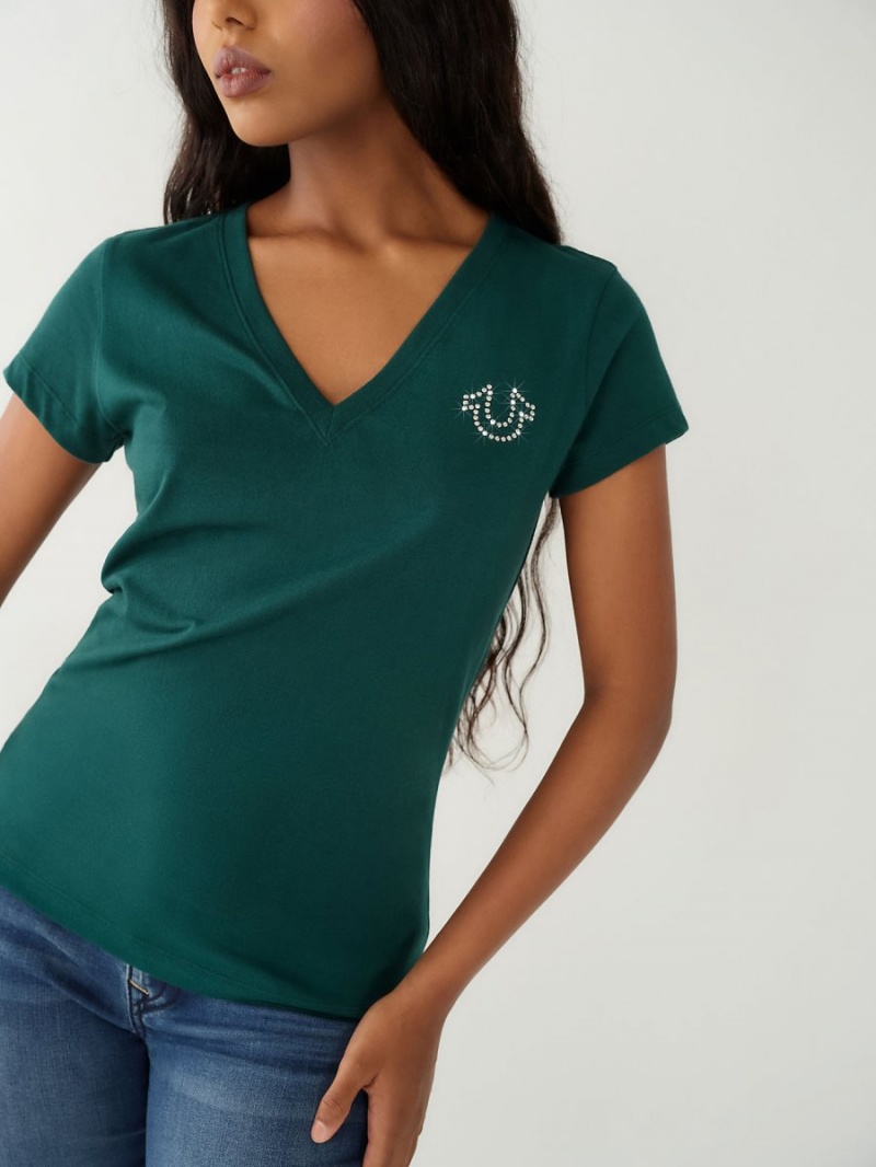 Emerald Green True Religion Crystal Logo V T Shirts | 4139-CQOVT