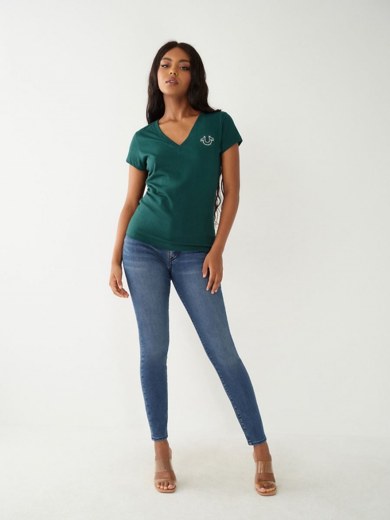 Emerald Green True Religion Crystal Logo V T Shirts | 4139-CQOVT