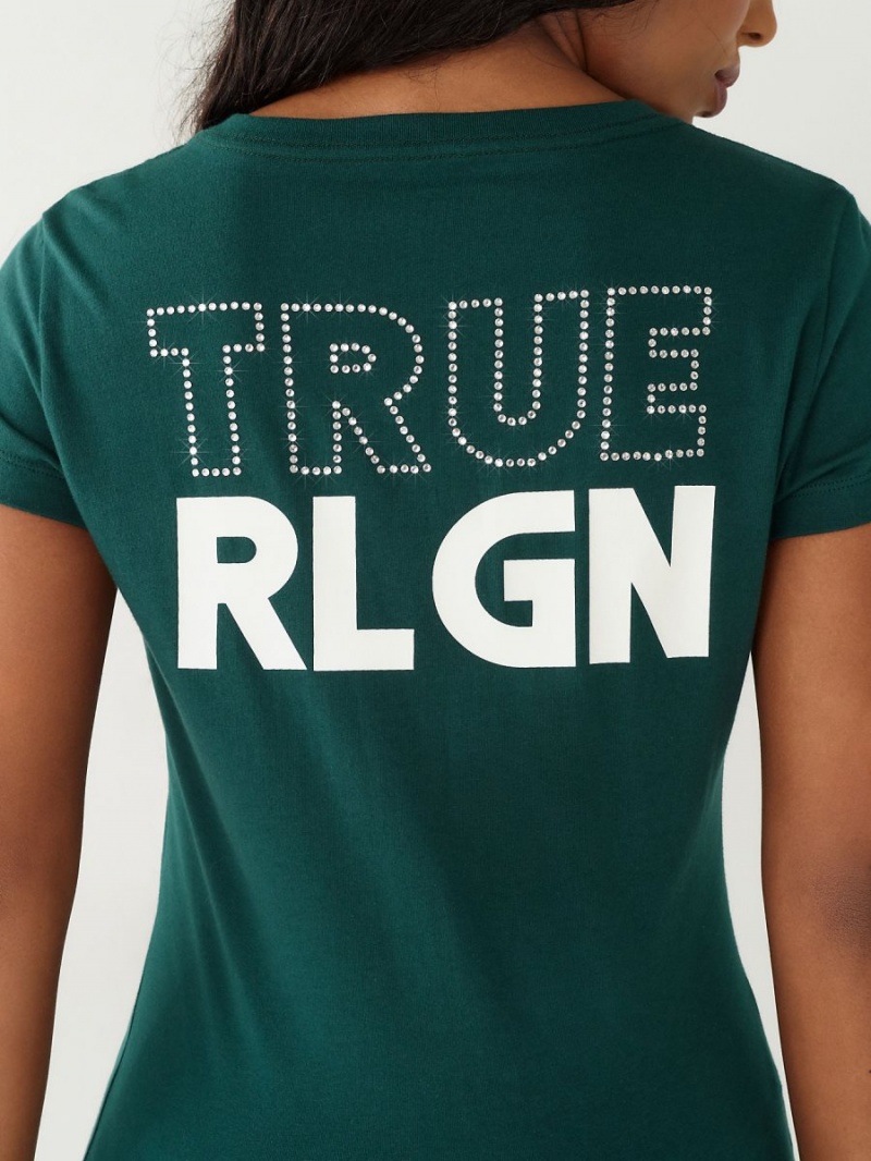 Emerald Green True Religion Crystal Logo V T Shirts | 4139-CQOVT