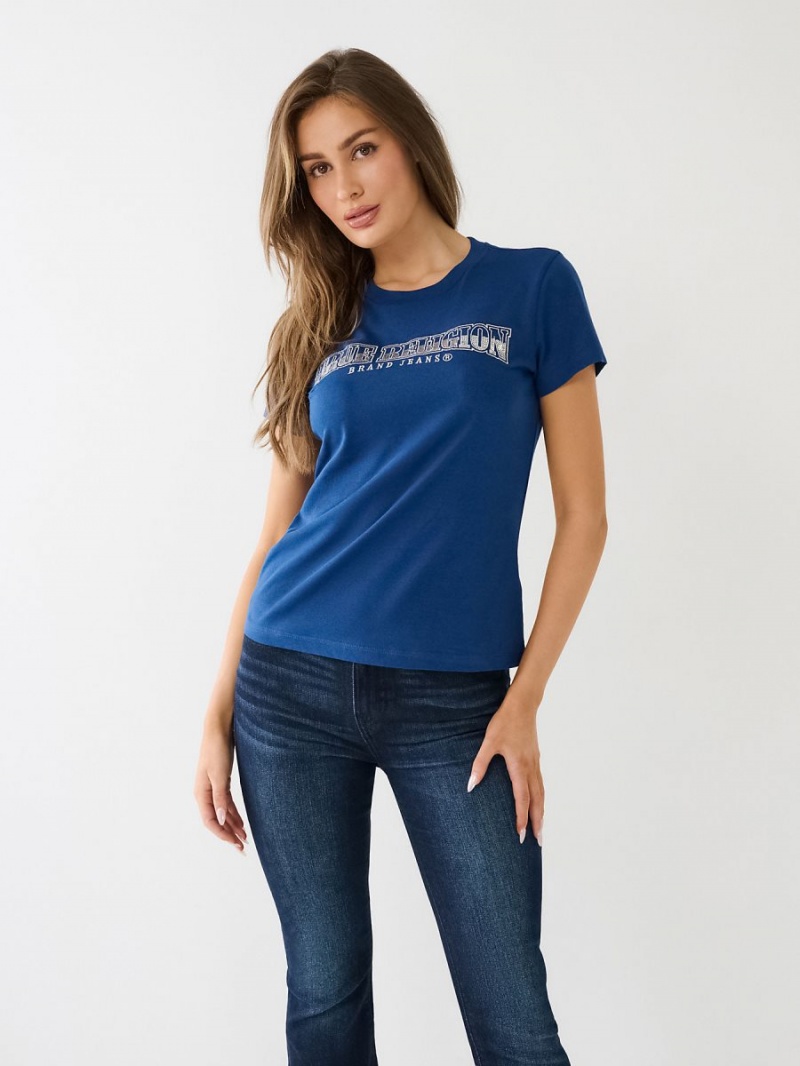 Estate Blue True Religion Sequin Arched Logo Slim T Shirts | 6014-OFYLI