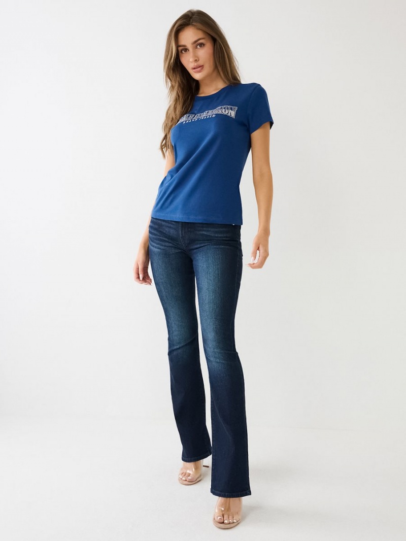 Estate Blue True Religion Sequin Arched Logo Slim T Shirts | 6014-OFYLI