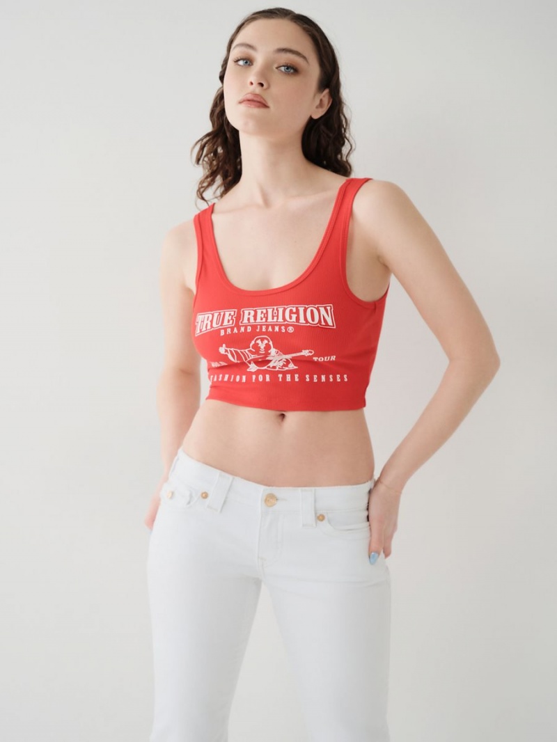 Fiery Red True Religion Logo Crop Tanks | 7805-QDTXH