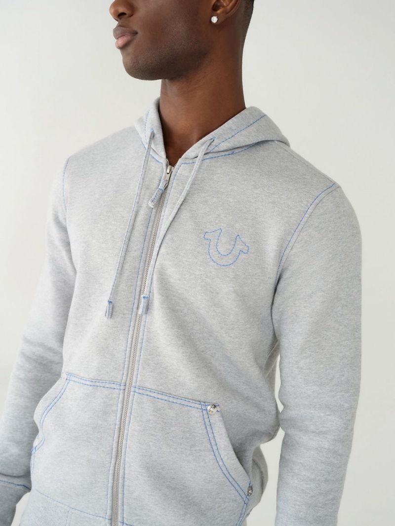 HEATHER GREY / DIRECTOIRE BLUE True Religion Big T Zip Hoodie | 6421-POUTJ