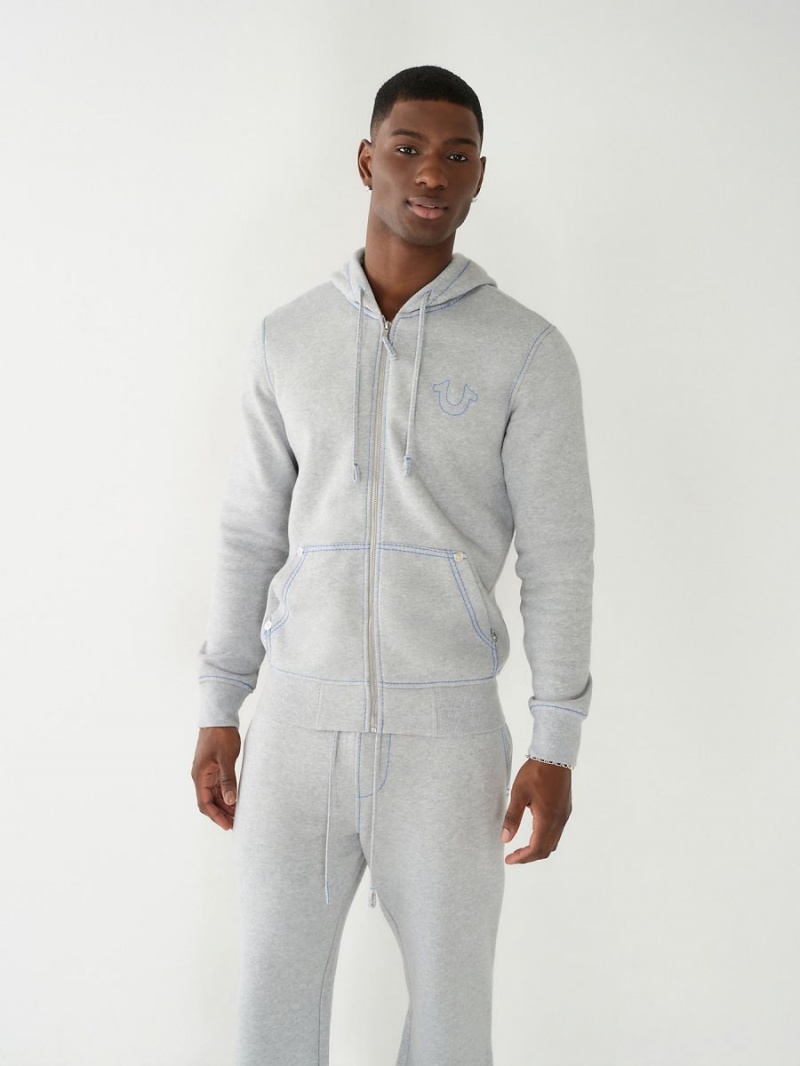 HEATHER GREY / DIRECTOIRE BLUE True Religion Big T Zip Hoodie | 6421-POUTJ