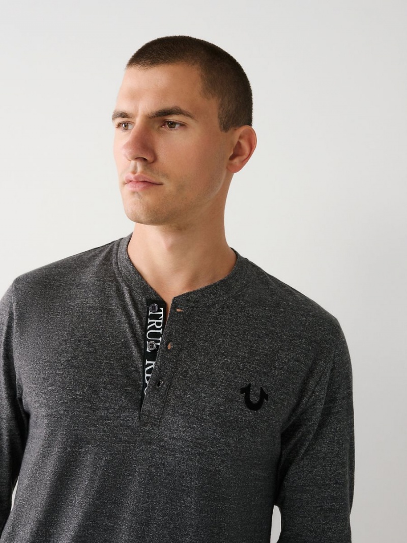 Heather Charcoal True Religion Logo Henley Shirts | 0231-BJPAI