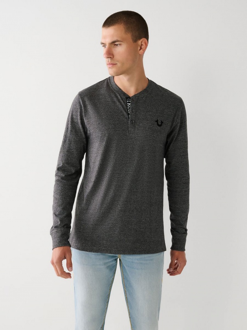 Heather Charcoal True Religion Logo Henley Shirts | 0231-BJPAI