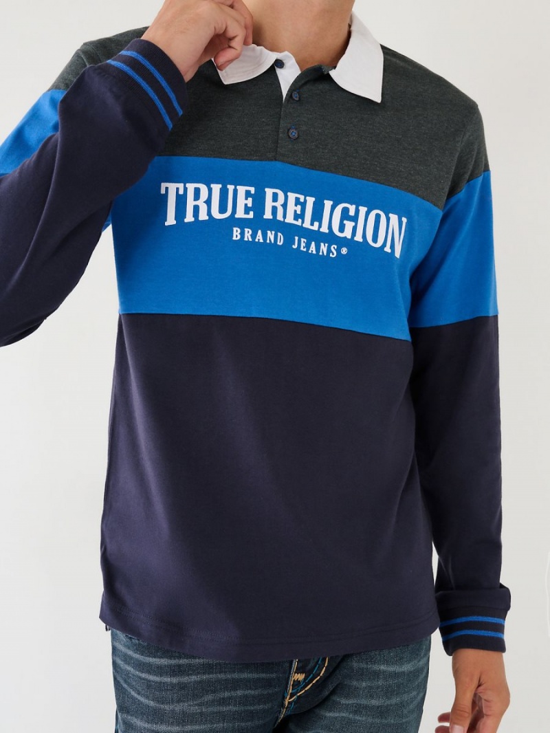 Heather Grey/Dark Navy True Religion Rugby Polo Shirts | 5203-AXFHZ