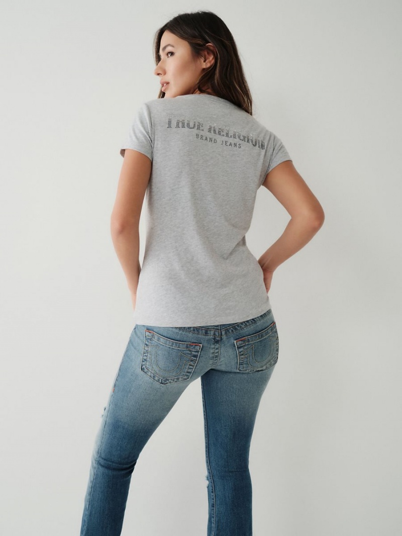 Heather Grey True Religion Crystal Logo V T Shirts | 7064-ONJRD