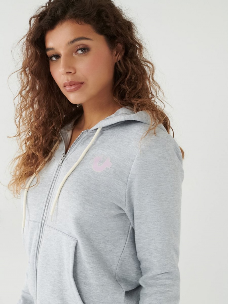 Heather Grey True Religion Crystal Zip Hoodie | 3640-CQDJO