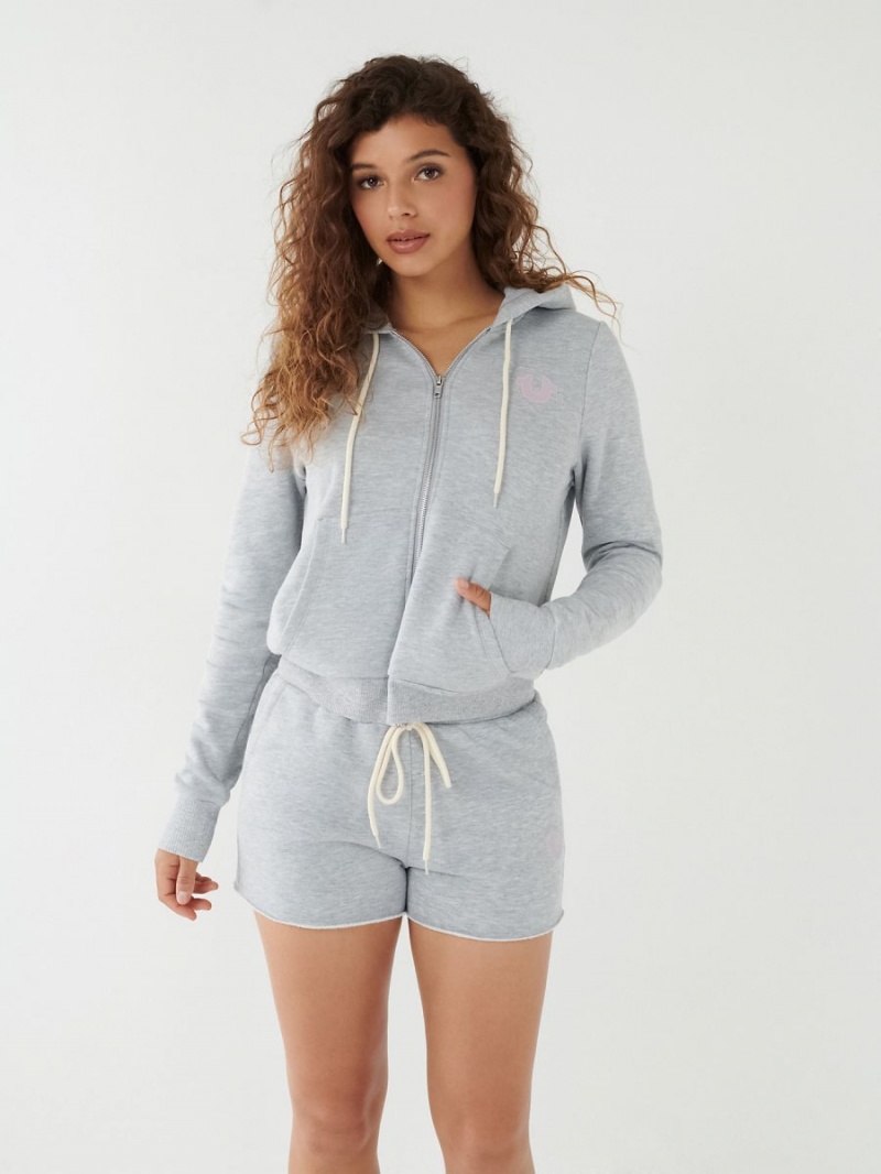 Heather Grey True Religion Crystal Zip Hoodie | 3640-CQDJO