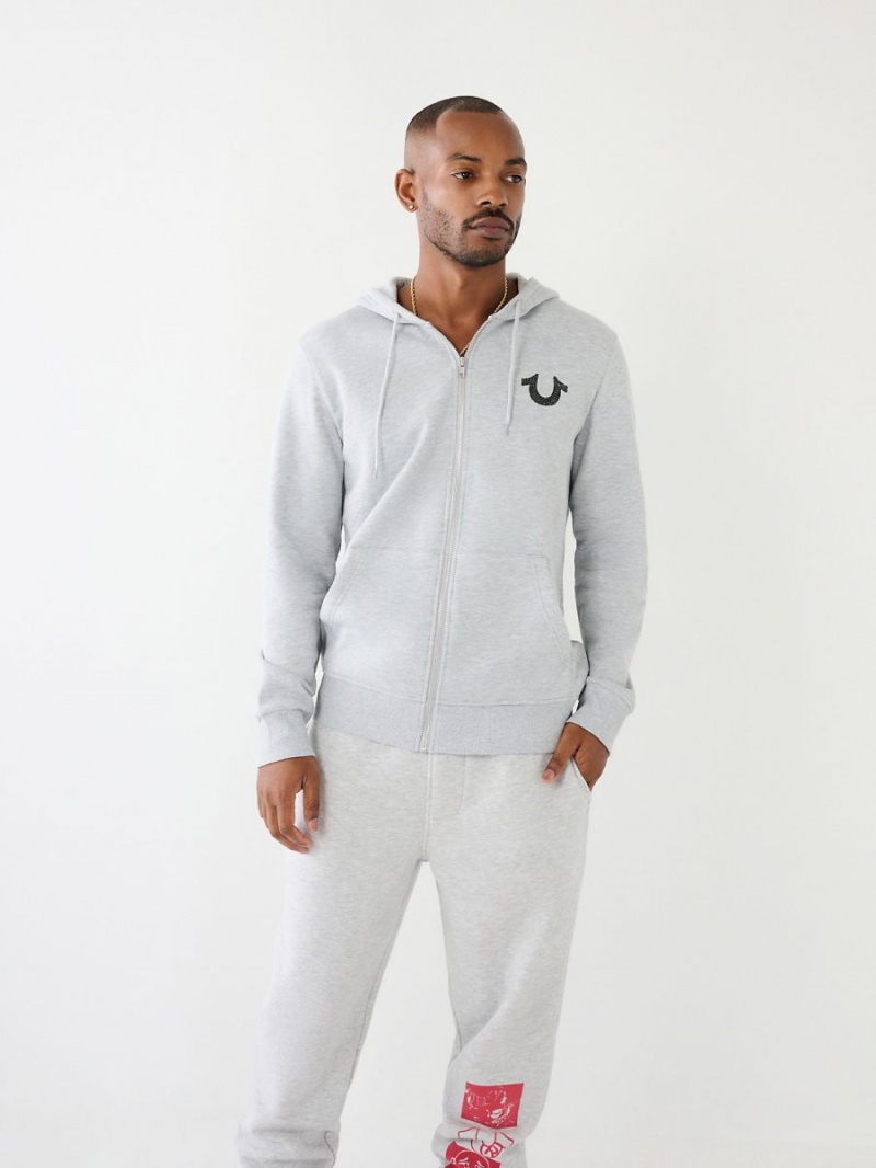 Heather Grey True Religion Logo Zip Hoodie | 7915-VXZIA